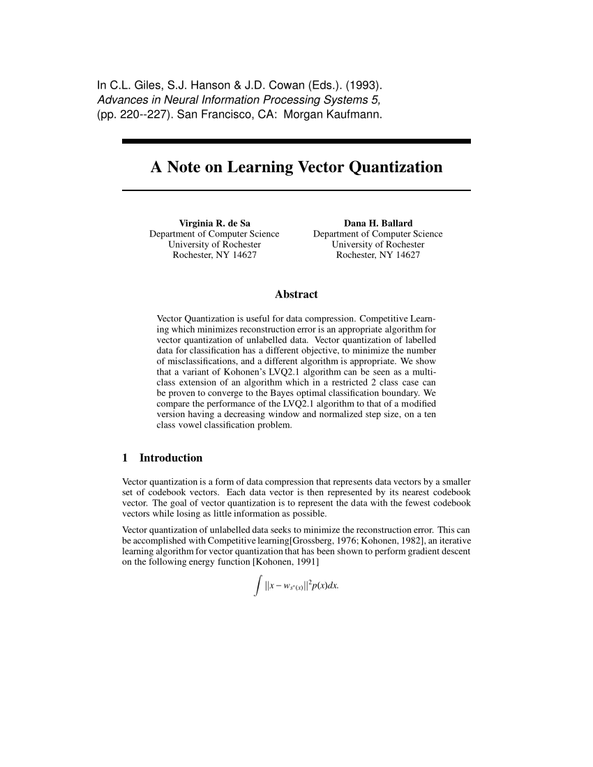 850x1100 Pdf A Note On Learning Vector Quantization