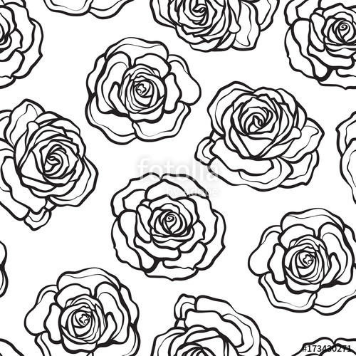 500x500 Rose Flower Seamless Pattern Outline Black Roses On White Backg