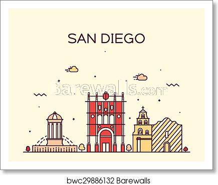 435x370 San Diego Skyline Vector Illustration Linear, Art Print