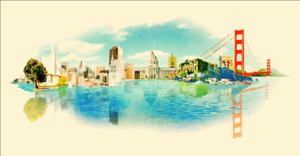 600x312 Watercolor San Francisco Pano Vector Free Download