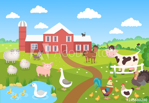 Farm Animals With Landscape Horse Pig Duck Chickens Sheep 500x346 Farm Animals With Landscape Horse Pig Duck Chickens Sheep
