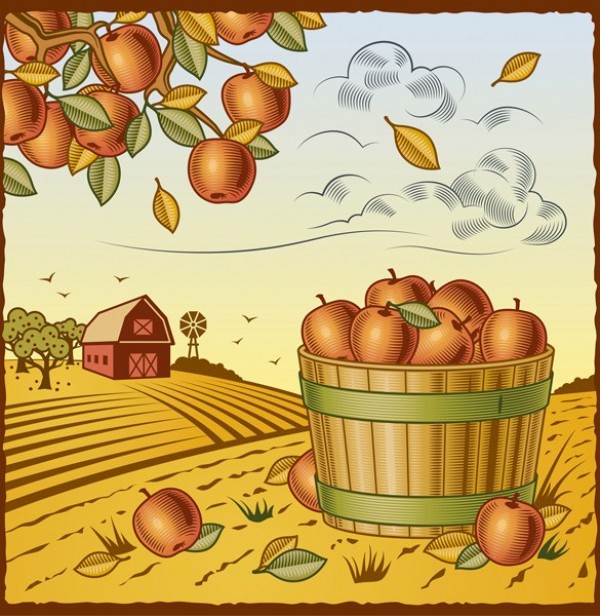 Vintage Apple Harvest Farm Vector Scene 600x616 Vintage Apple Harvest Farm Vector Scene