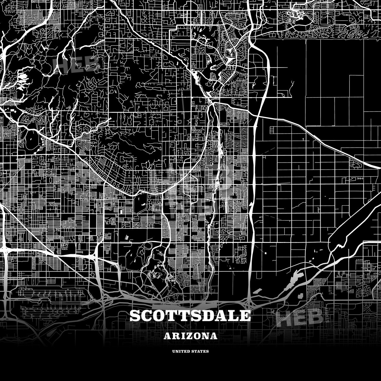 1280x1280 Black Map Poster Template Of Scottsdale, Arizona, Usa Maps