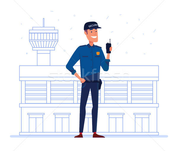 600x509 Security Company Employee With Portable Radio In Front Of Airport