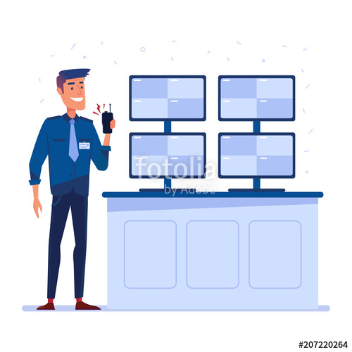 500x500 Security Guard With Portable Radio In Front Of The Screens
