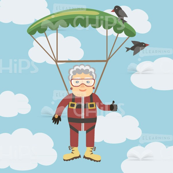 600x600 Vector Elderly Woman Character Likes Skydiving