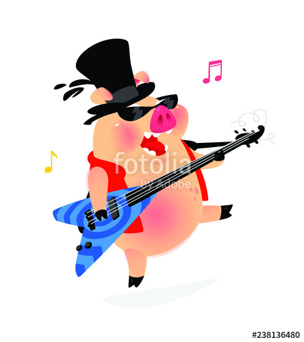 444x500 Illustration Of A Pig In A Hat With A Guitar Vector Rock
