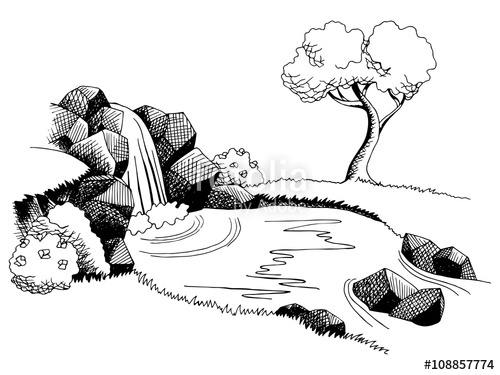 500x375 Source Waterfall Graphic Art Black White Landscape Illustration