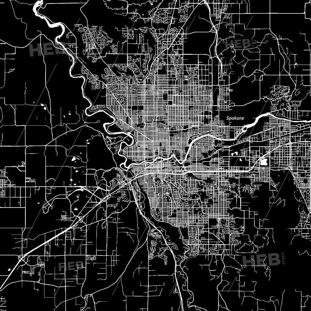 1000x1000 Spokane, Washington, Downtown Map, Dark Hebstreits Sketches