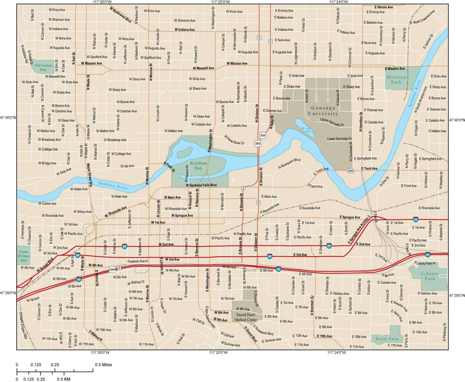 1615x1324 Spokane Map With Local Streets In Adobe Illustrator Vector Format