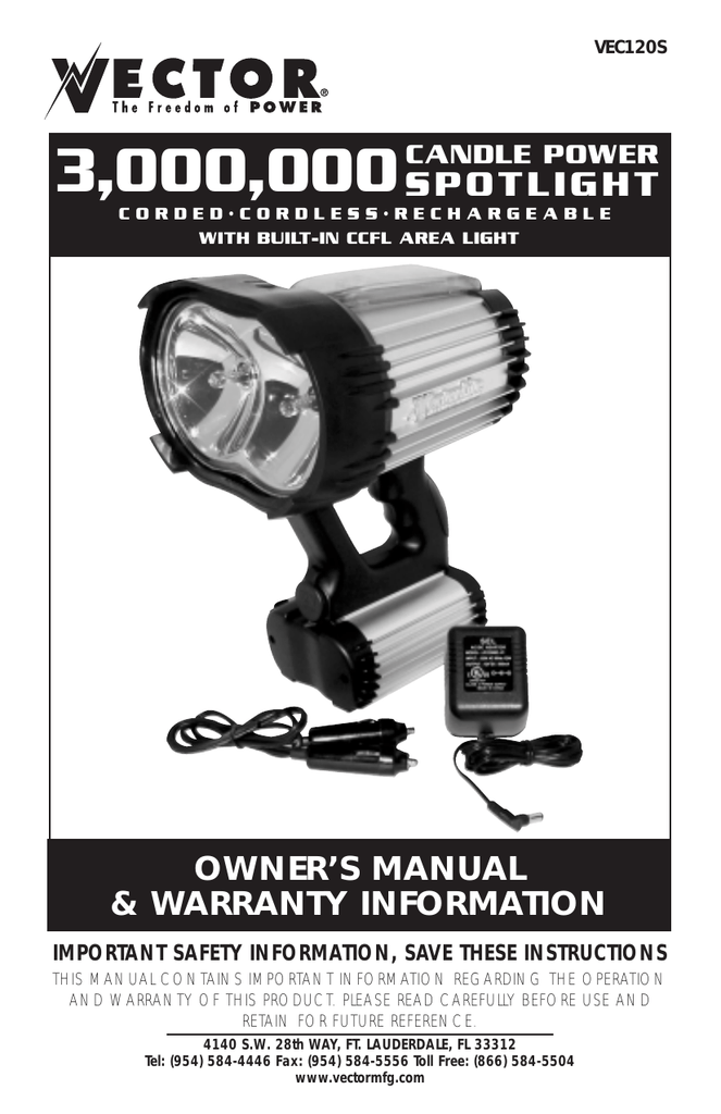 663x1024 Vector Candle Power Spotlight Owner`s Manual