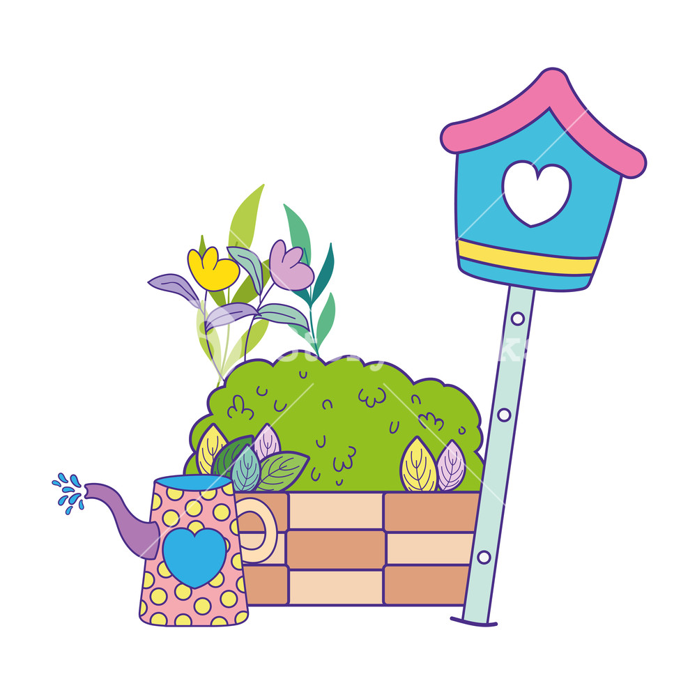 1000x1000 Cute Birdhouse With Bush And Sprinkler Vector Illustration Design
