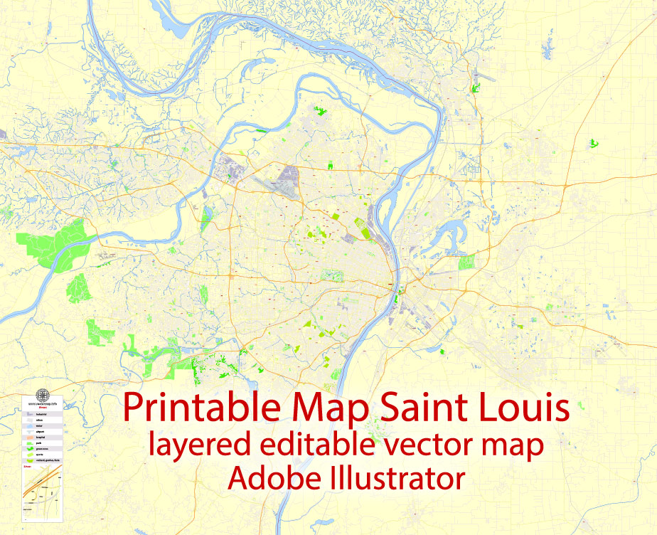 924x752 Saint Louis Printable Map, Missouri, Us, Exact Vector Map Street G