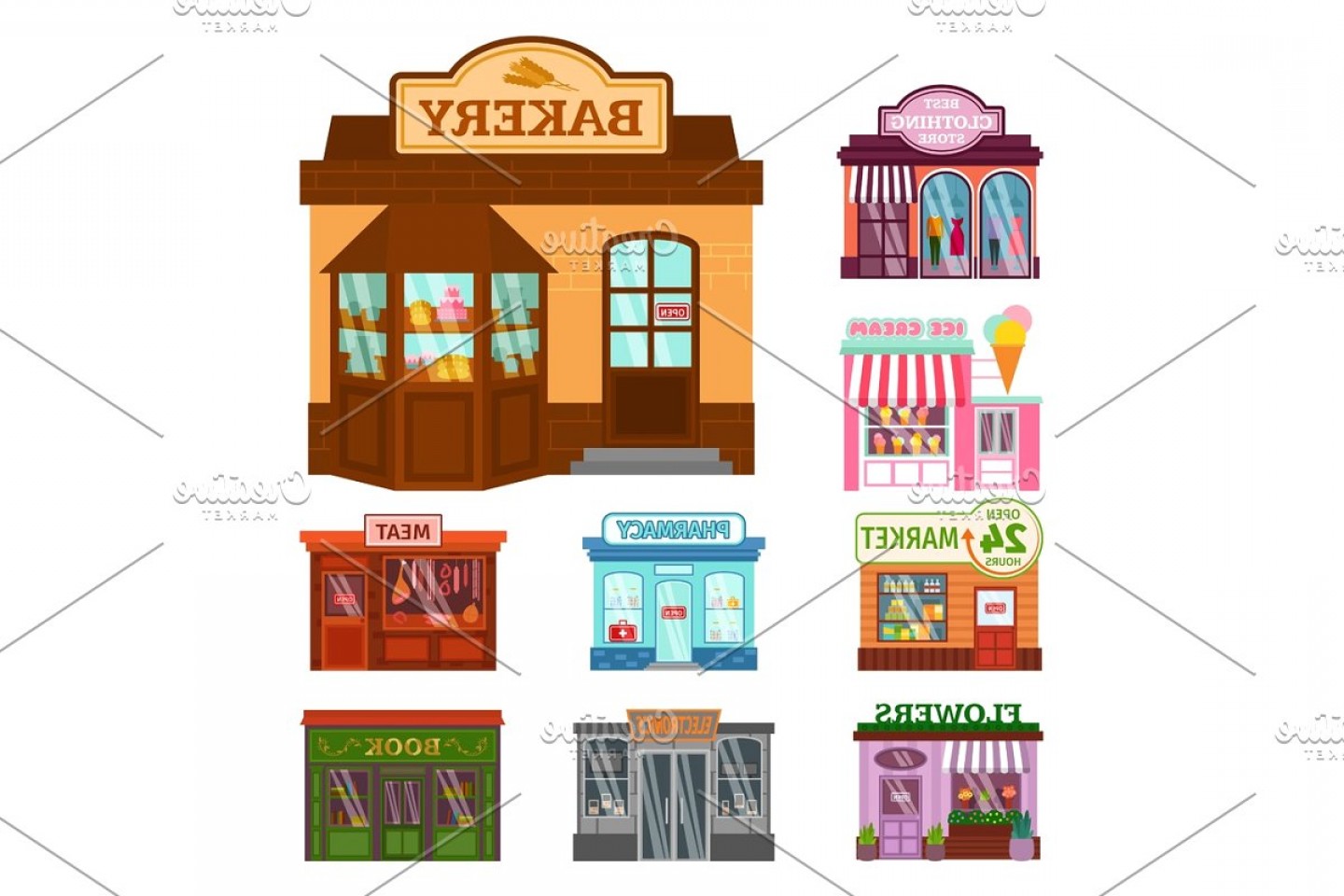 1440x960 Vector Flat Design Restaurant Shops Facade Storefront Market