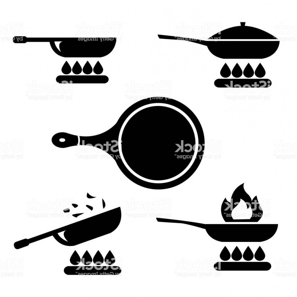 1228x1228 Frying Pan Or Skillet And Wok On Stove Cooking Vector Icon Set Gm