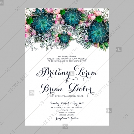 540x540 Succulent Peony Wedding Vintage Invitation Vector Card Template