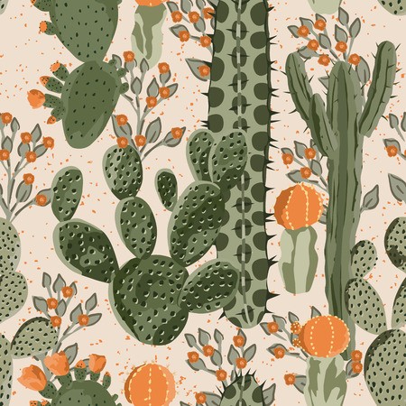 450x450 Green Vector Succulent Cactus And Orange Flowers Seamless Pattern