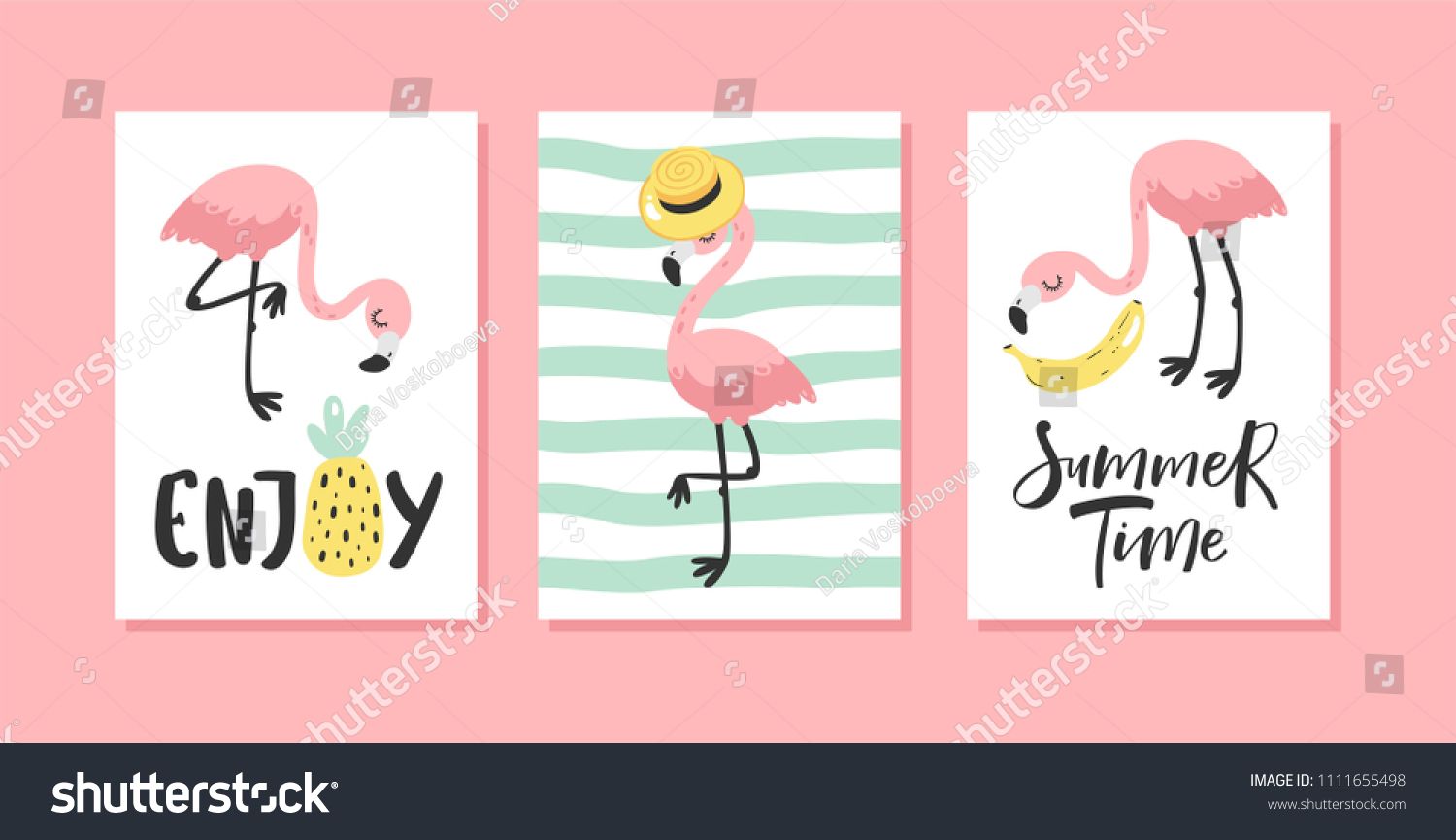 1500x865 Vector Set Of Bright Summer Cards With Flamingo And Hand Written