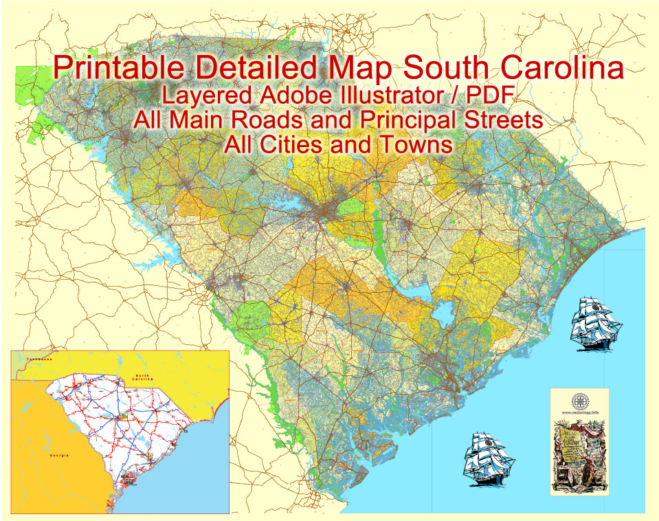 959x758 Map South Carolina Printable Vector Detailed Street Road Admin Plan