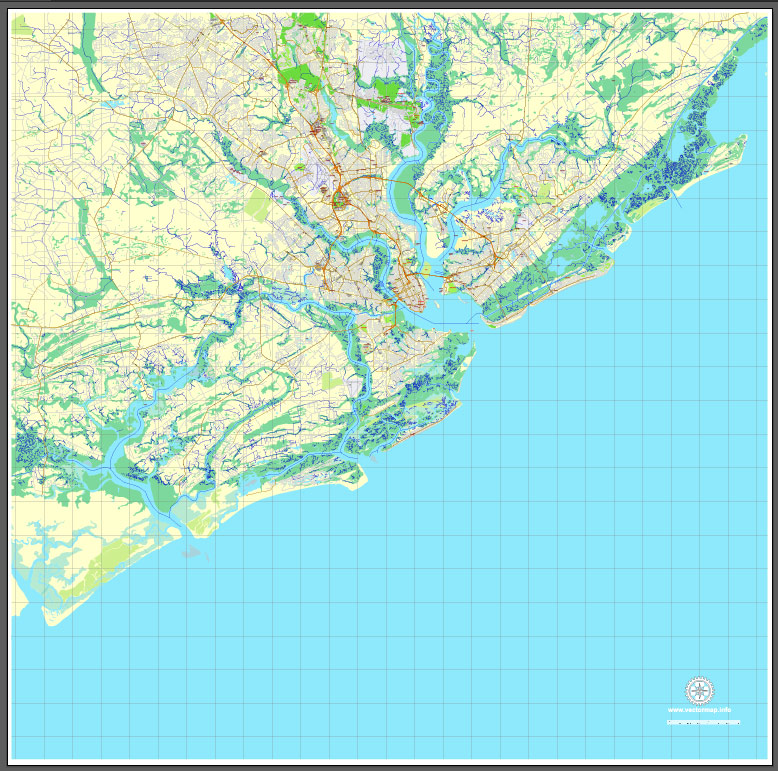 778x771 Charleston, South Carolina, Printable Map, Us, Exact Vector Street