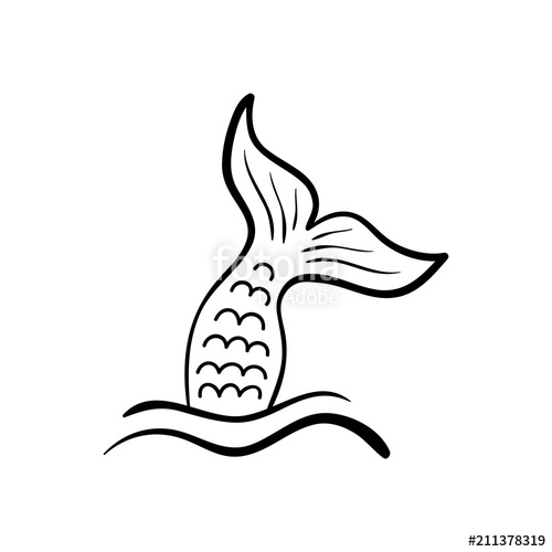 500x500 Mermaid Tail In Sea Waves, Vector Hand Drawn Illustration, Black