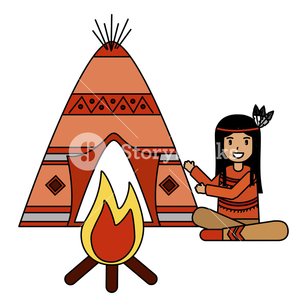 1000x1000 Native American Character Teepee And Bonfire Vector Illustration