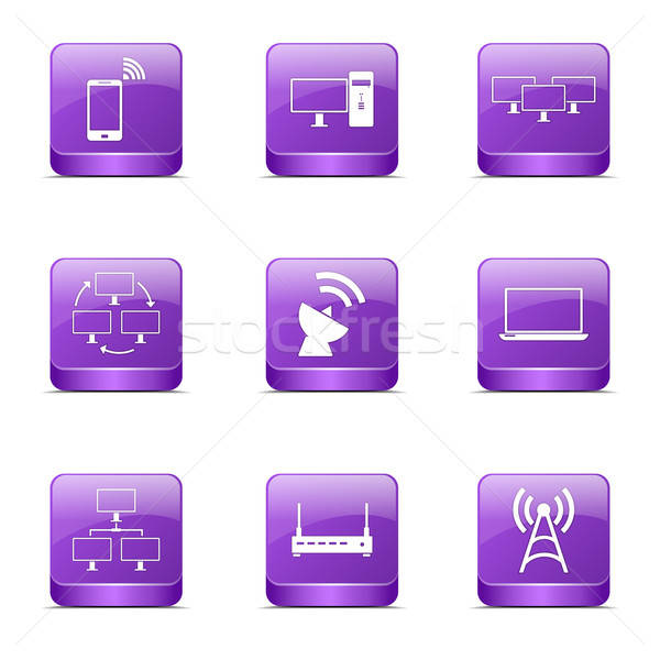600x600 Telecom Communication Square Vector Violet Icon Design Set