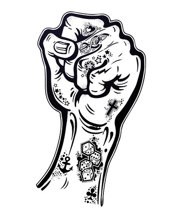 375x450 Raised Inked Hand As A Fist Gesture With Flash Tattoos Concept