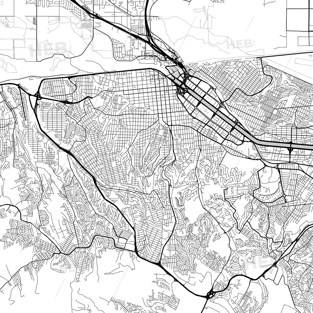 1000x1000 Tijuana, Baja California, Downtown Map, Light Hebstreits Sketches