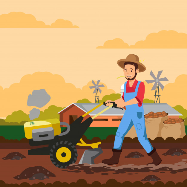 626x626 Farmer With Tiller Machine Vector Illustration Vector Premium