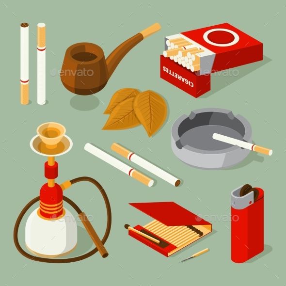 590x590 Isometric Pictures Of Different Accessories For Smokers Vector