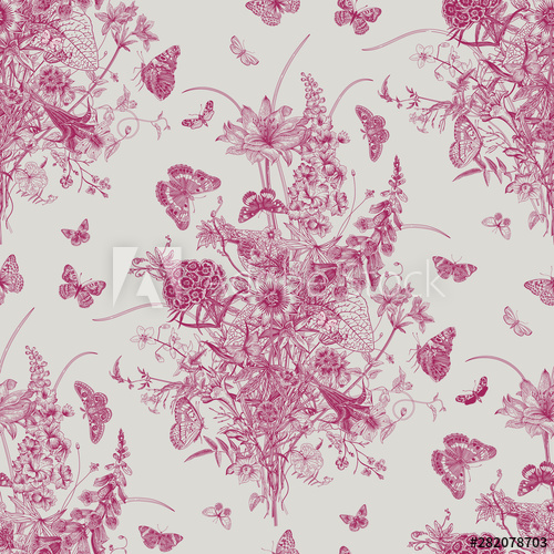 500x500 Seamless Vector Pattern With Victorian Bouquet And Butterflies