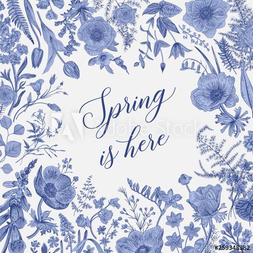 500x500 Spring Is Here Horizontal Card Vector Vintage Illustration Blue