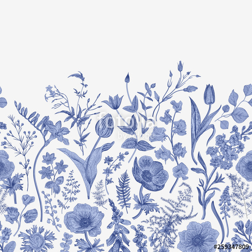 500x500 Spring Magic Seamless Border Vector Vintage Illustration Blue