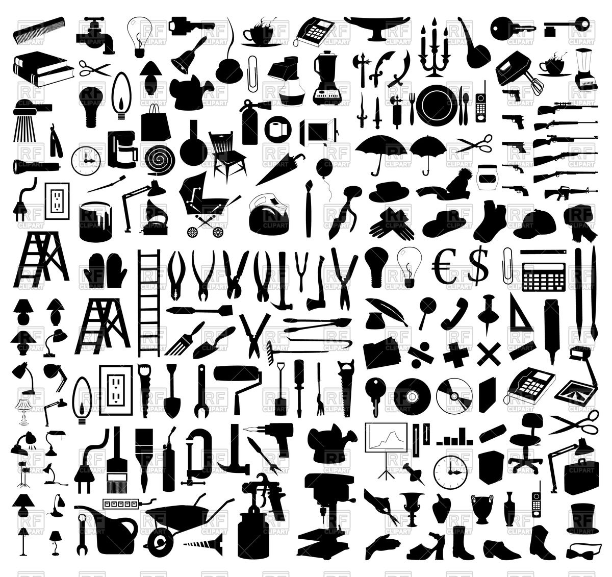 Silhouettes Of Various Subjects And Tools Vector Image 1200x1131 Silhouettes Of Various Subjects And Tools Vector Image