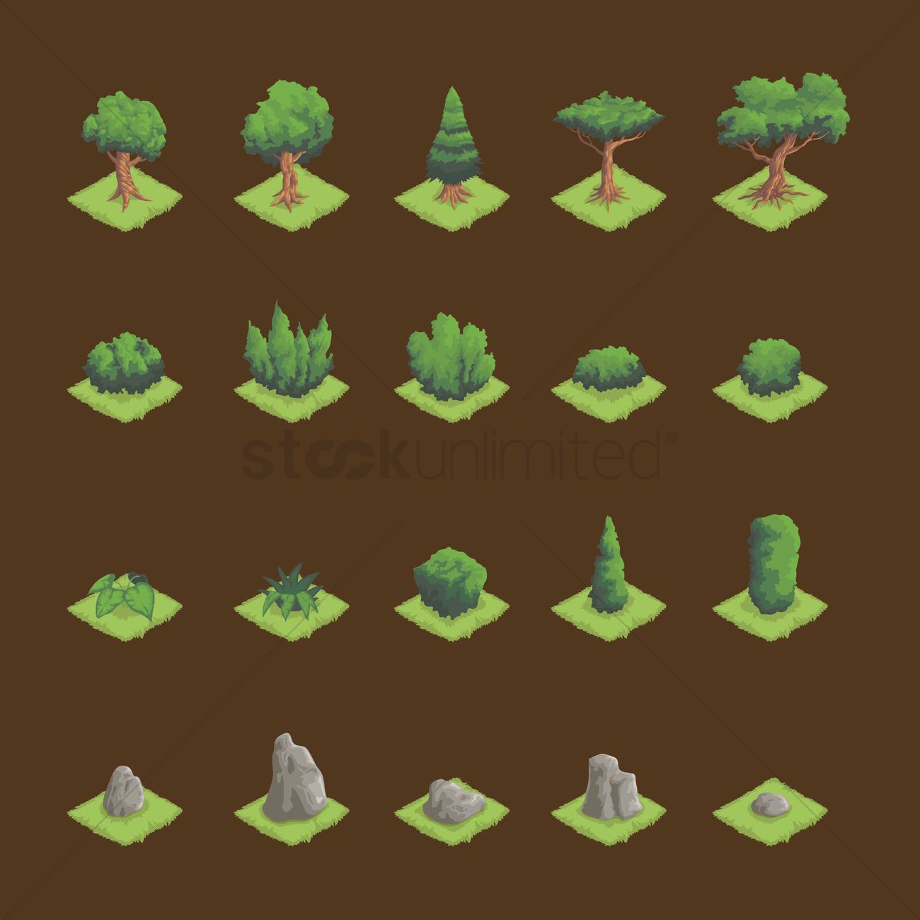 1300x1300 Free Set Of Isometric Trees And Granite Stone Vector Image