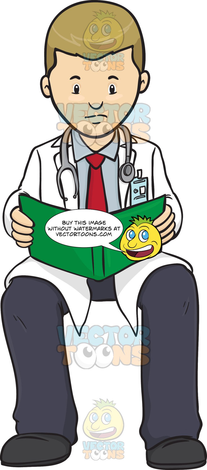 882x2000 Male Doctor Sitting Down Reading A Green Chart Clipart Cartoons