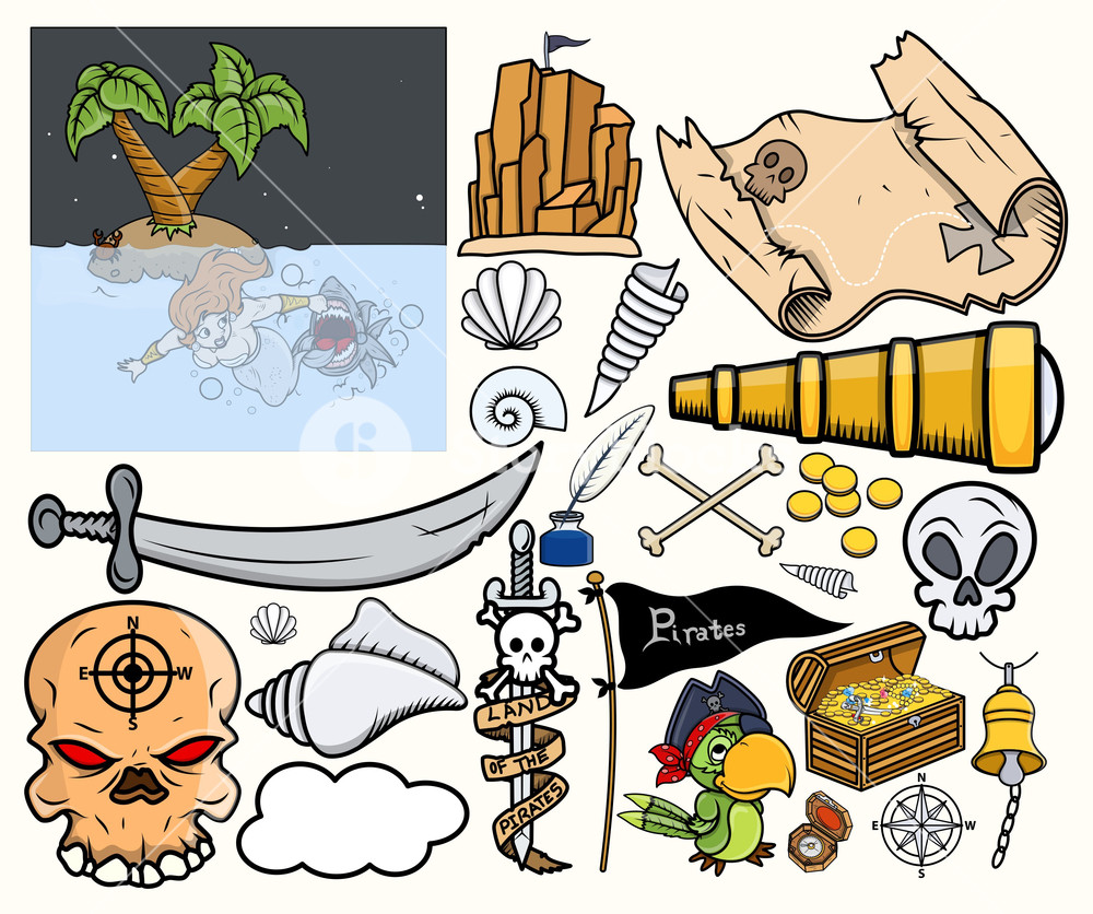 1000x836 Pirate Treasure Hunt Vector Illustrations Set Royalty Free Stock