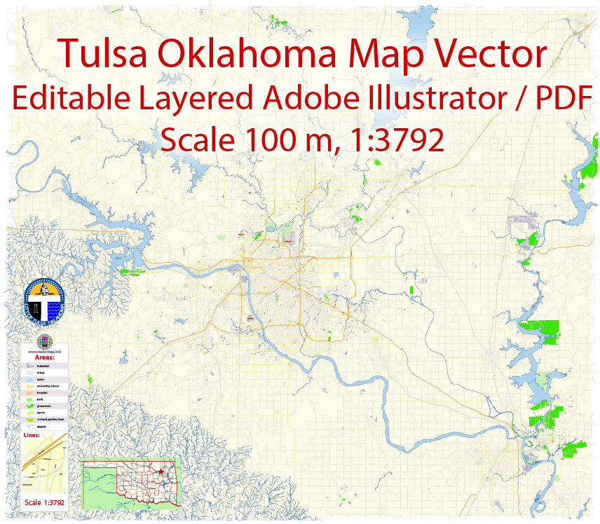 856x748 Tulsa Oklahoma Map Vector Exact City Plan Detailed Street Map