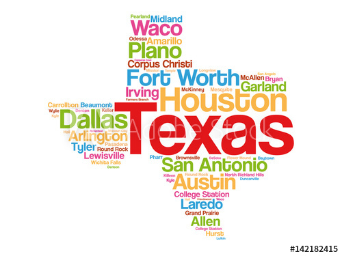 500x375 List Of Cities In Texas Usa State Word Cloud Map, Concept