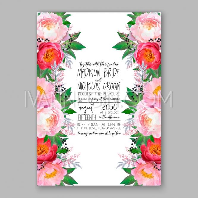 666x666 Peony Wedding Invitation Watercolor Floral Vector