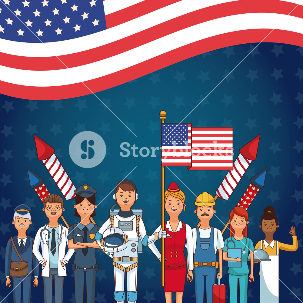 1000x1000 Happy Labor Day Card With People Professions And Jobs Cartoons