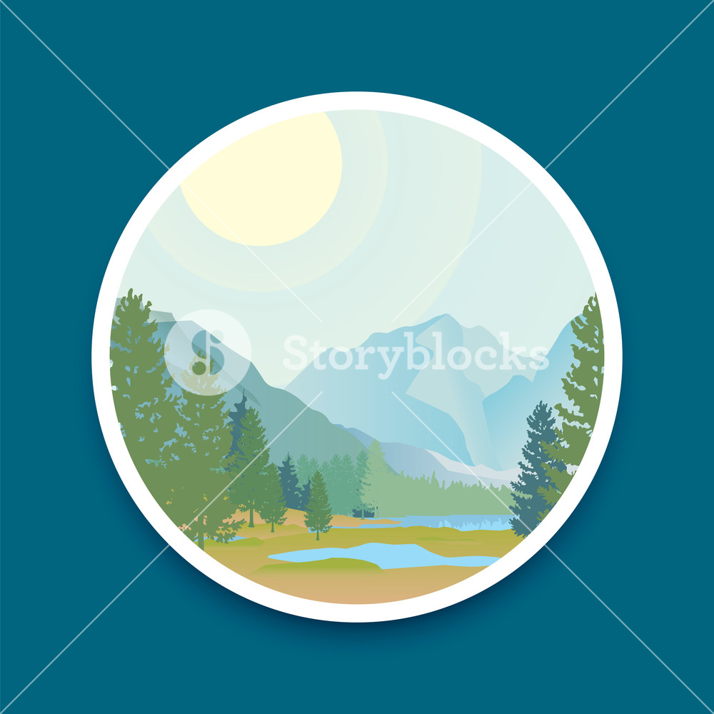 Mountain Valley And River, Sun In Blue Sky And Green Forest Vector 1000x1000 Mountain Valley And River, Sun In Blue Sky And Green Forest Vector