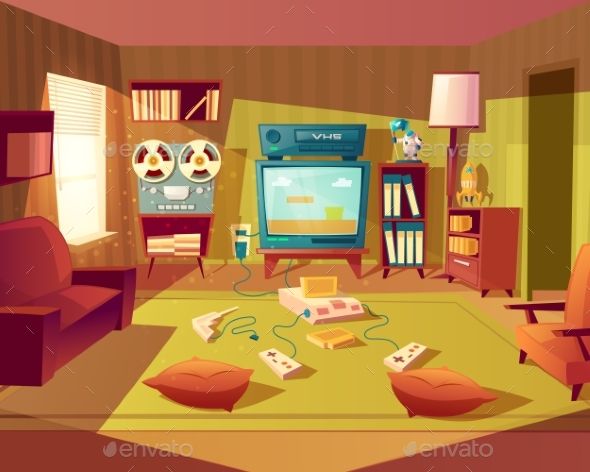 Vector Cartoon Retro Room With Video Games 590x472 Vector Cartoon Retro Room With Video Games