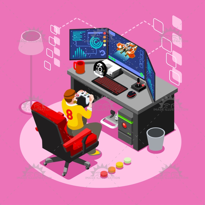 Computer Video Game Isometric Gaming People Vector Illustration 690x690 Computer Video Game Isometric Gaming People Vector Illustration