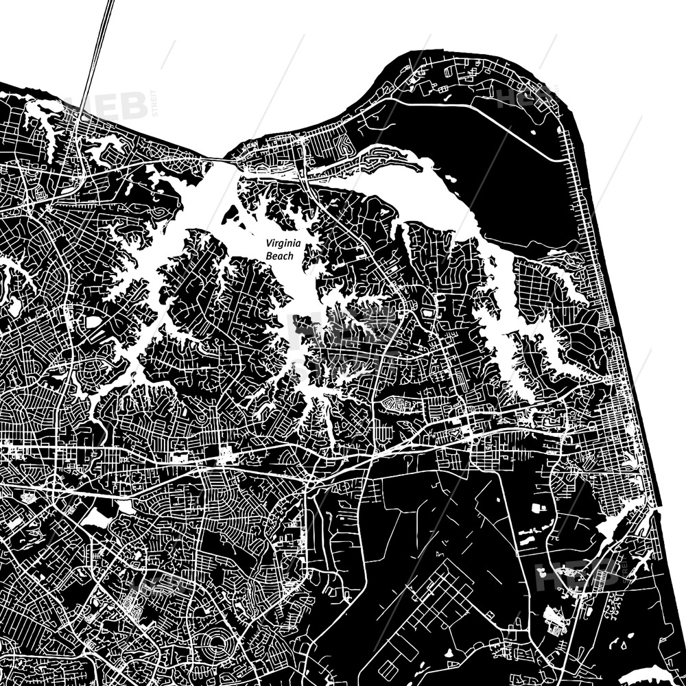 1000x1000 Virginia Beach, Virginia, Downtown Map, Dark Hebstreits Sketches