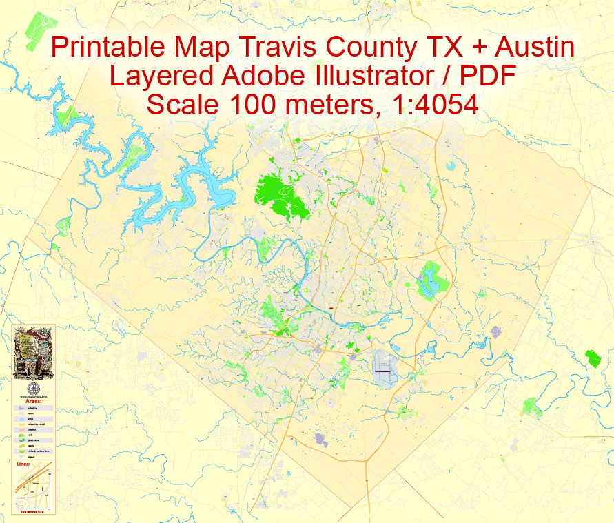 891x759 Pdf Map Travis County + Austin Tx, Editable Printable Detailed Vector