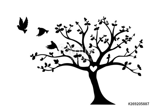 500x354 Flying Birds On Tree Vector, Tree With Heart, Wall Decals, Wall