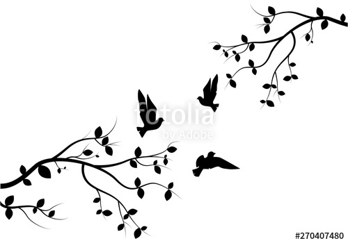 500x350 Flying Birds On Branch Vector, Wall Decals, Birds On Tree Design
