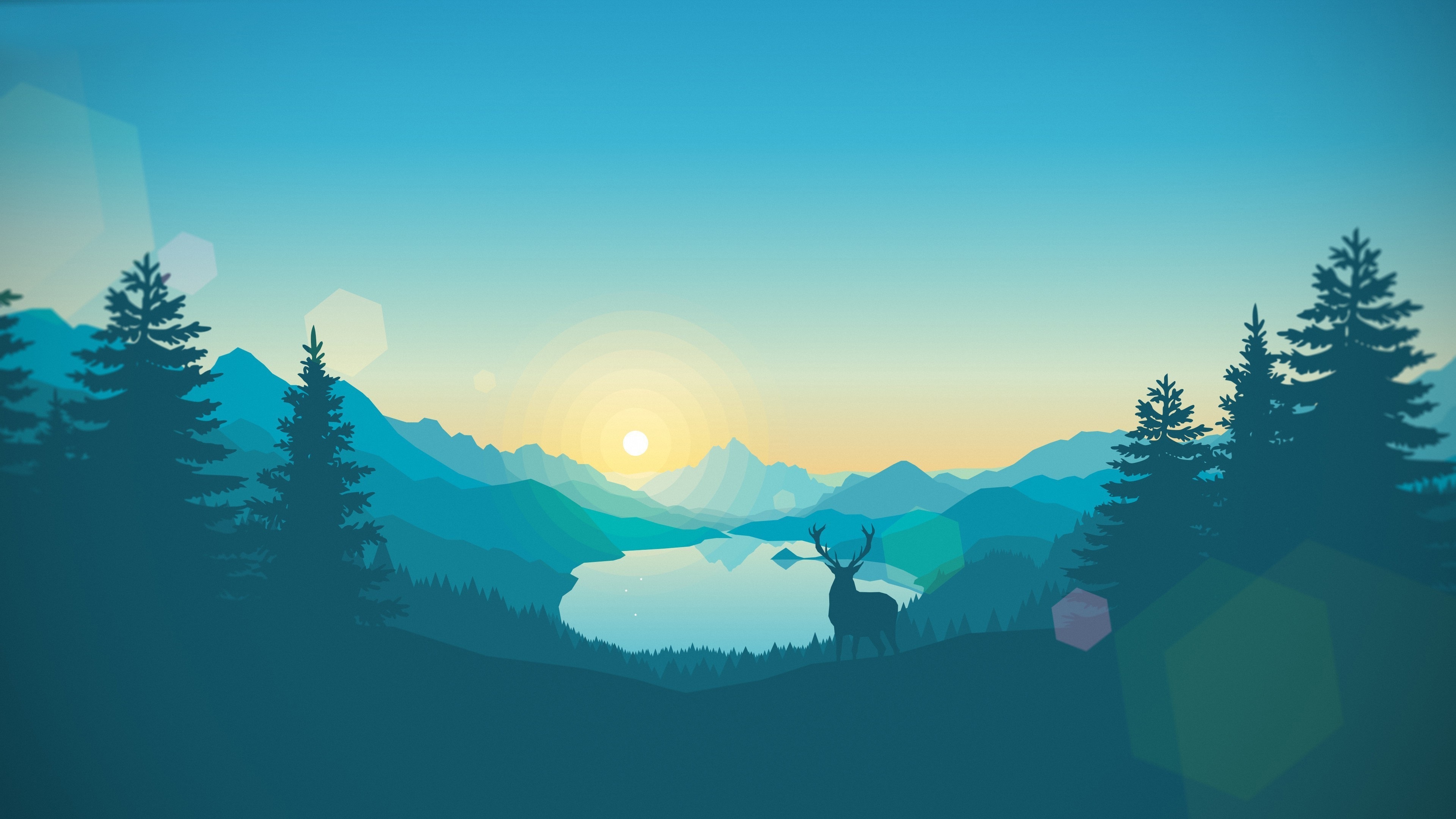 3840x2160 Wallpaper Vector Design, Landscape, Mountains, Lake, Trees, Deer